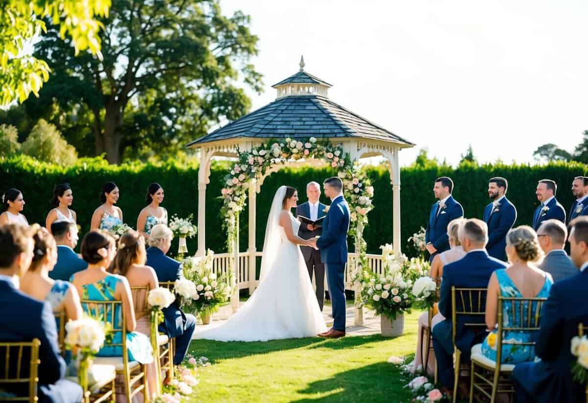 A sunlit outdoor wedding ceremony with guests seated in a garden, a gazebo adorned with flowers, and a couple exchanging vows under a floral arch