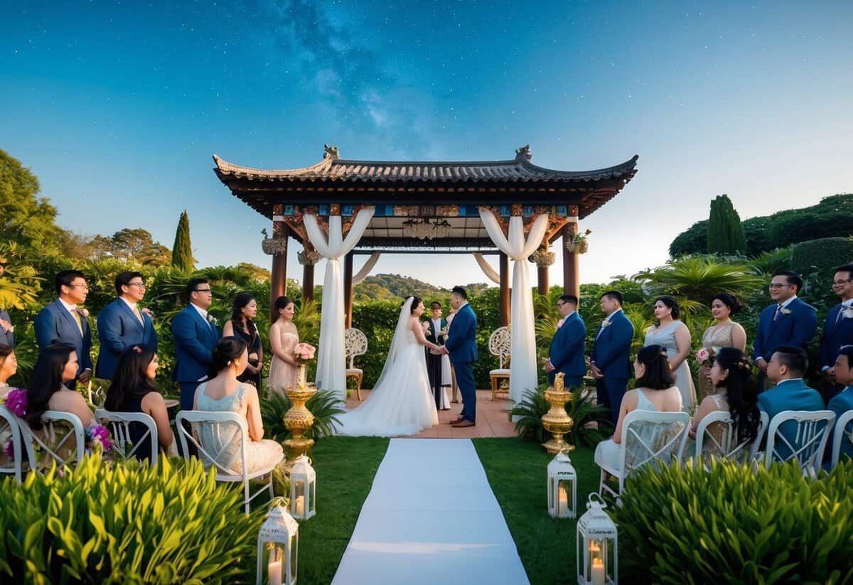 A beautiful outdoor wedding ceremony in a lush garden surrounded by symbolic cultural and mythical elements, taking place under a clear, starry sky in the traditional month for marriage