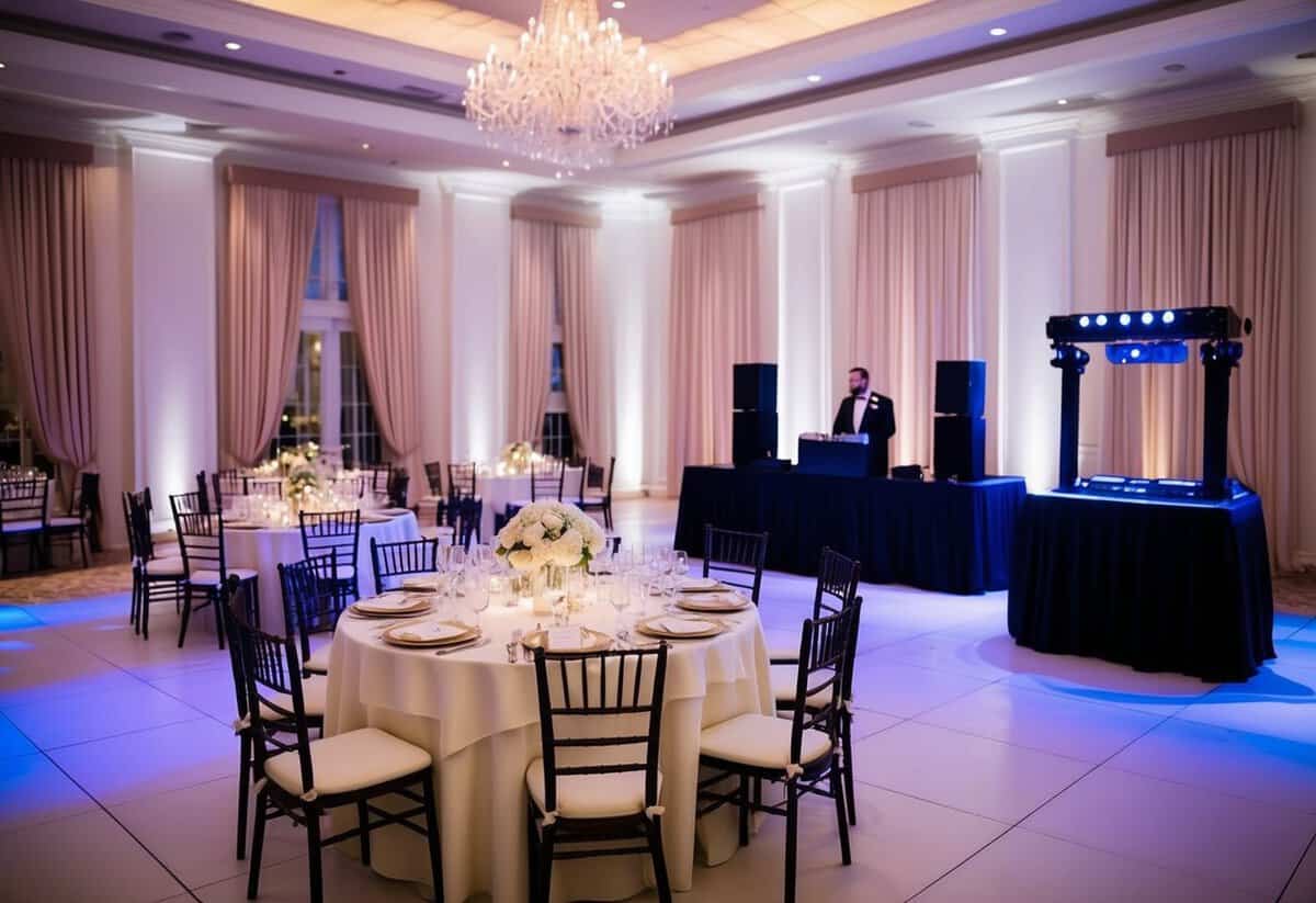 A wedding reception with elegant decor, tables set for a meal, and a dance floor with a DJ booth