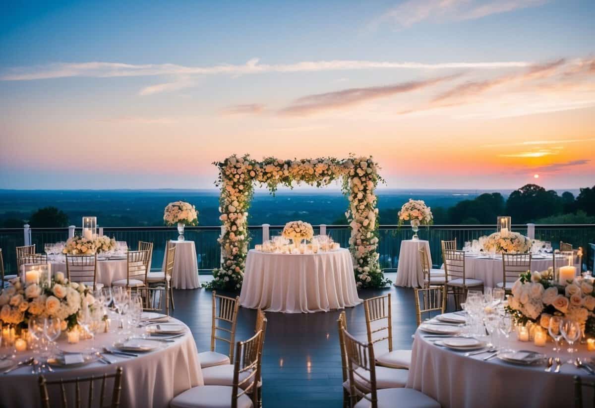 A grand wedding reception with elegant decor, lavish floral arrangements, and a stunning view of the sunset over a picturesque landscape