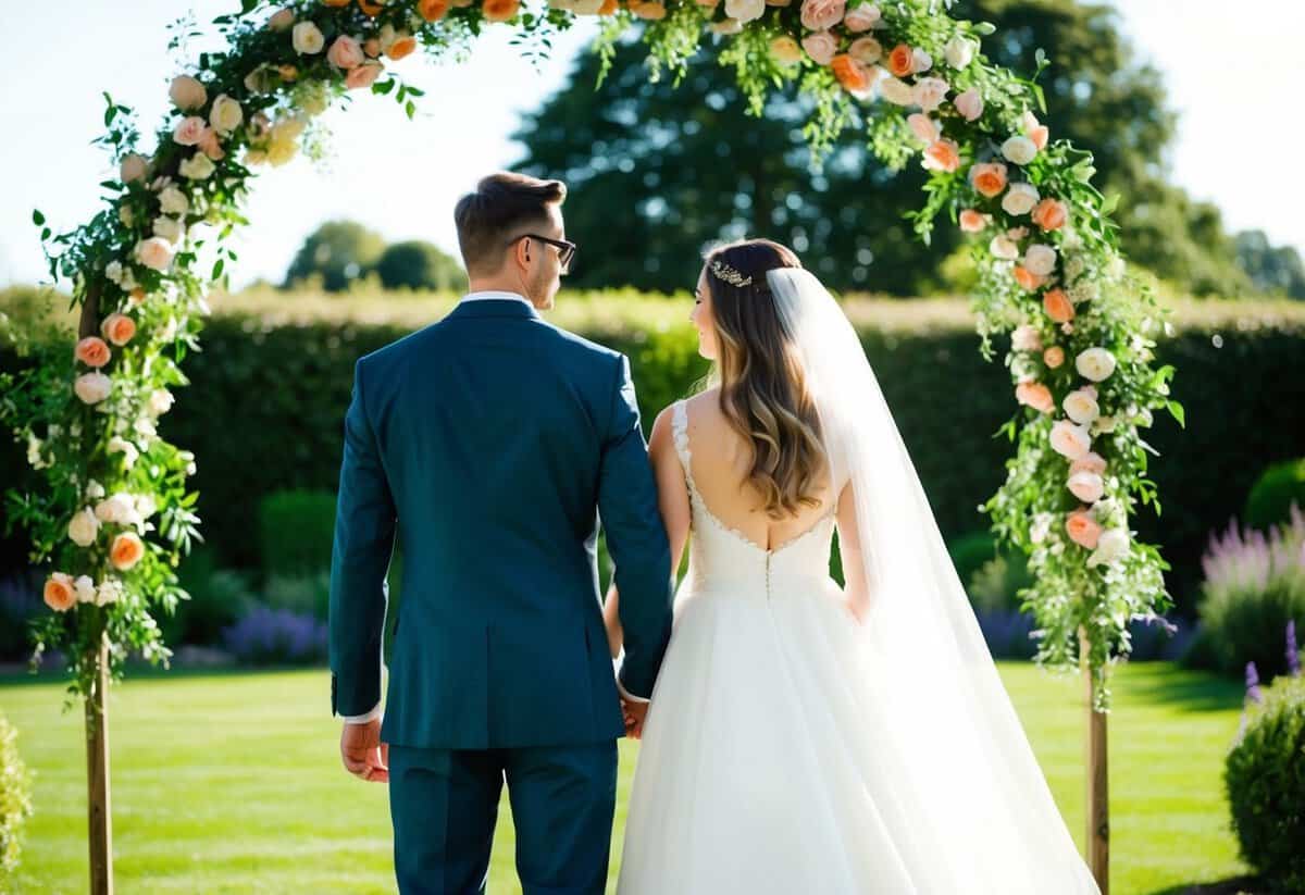 A bride and groom standing under a floral arch in a sunlit garden
