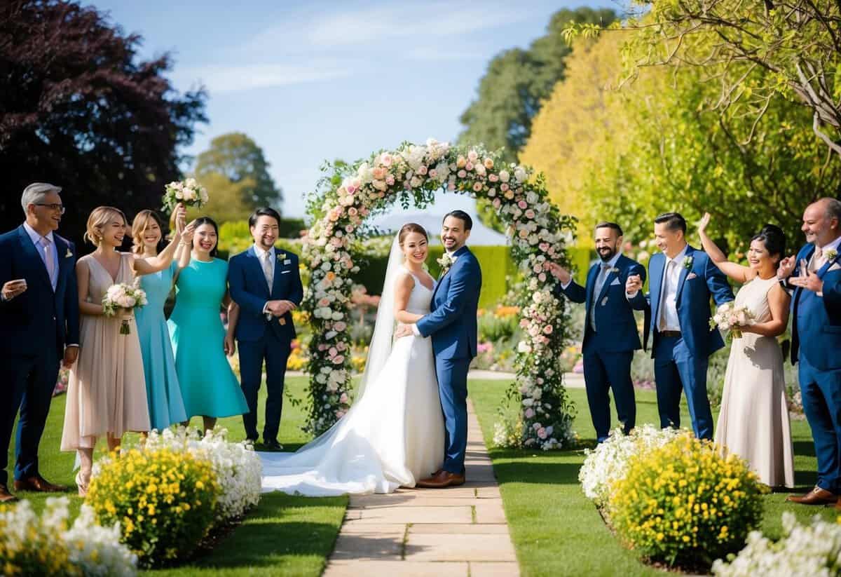A sunny garden with blooming flowers and a bride and groom standing under a floral arch, surrounded by joyful family and friends