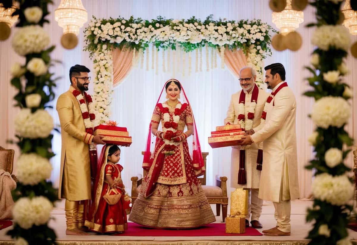 A traditional wedding scene with symbols of financial commitments: a decorated wedding venue, a bride's dowry, and a groom's family offering gifts