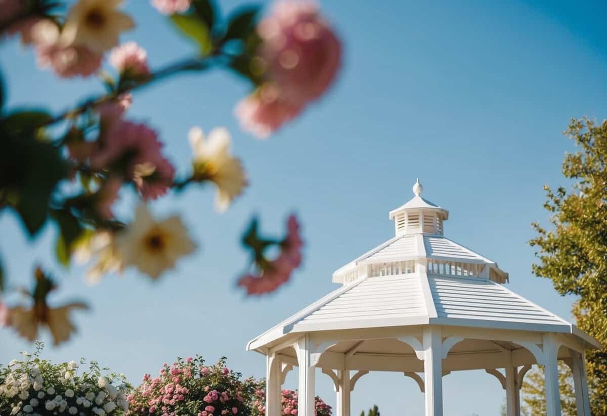A sunny outdoor wedding with blooming flowers and a white gazebo