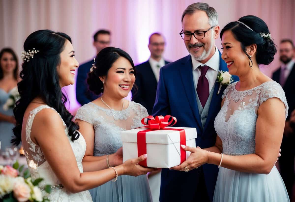 Parents present a wrapped gift to their daughter at her wedding reception