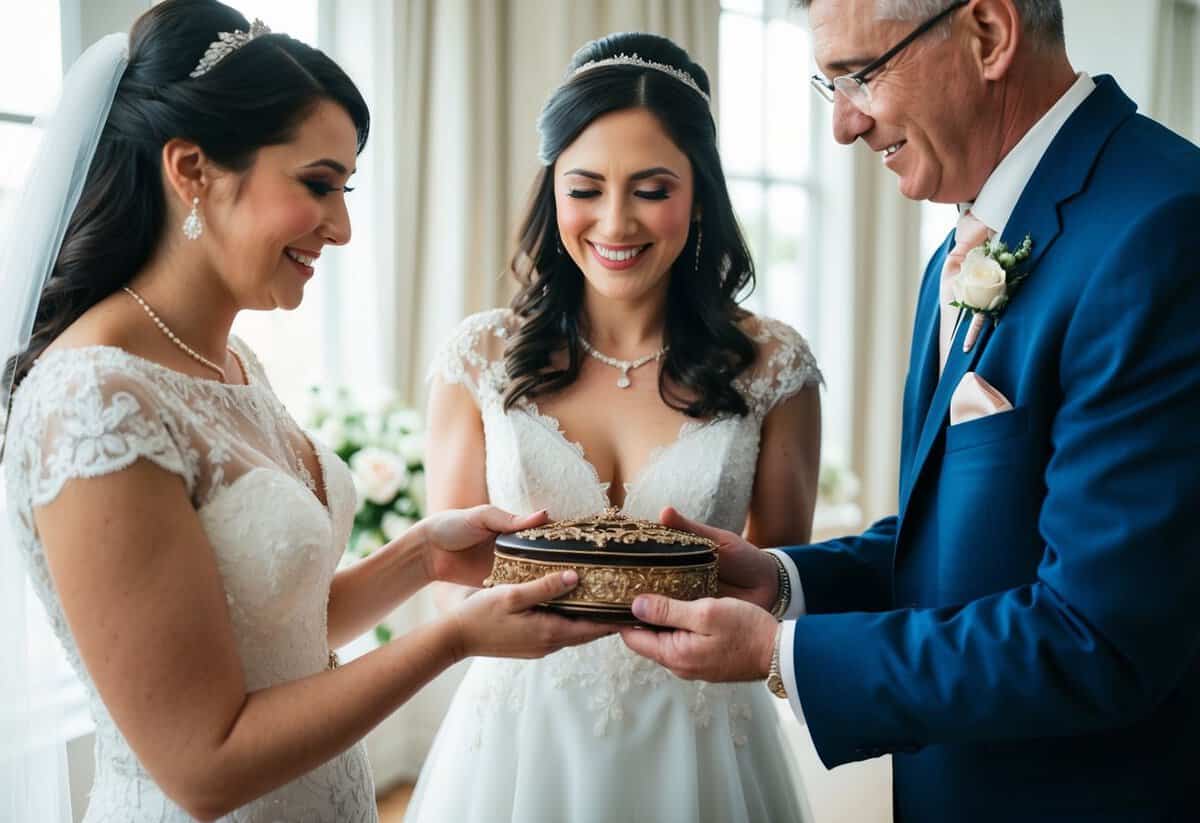 A family heirloom being passed down from parents to daughter on her wedding day