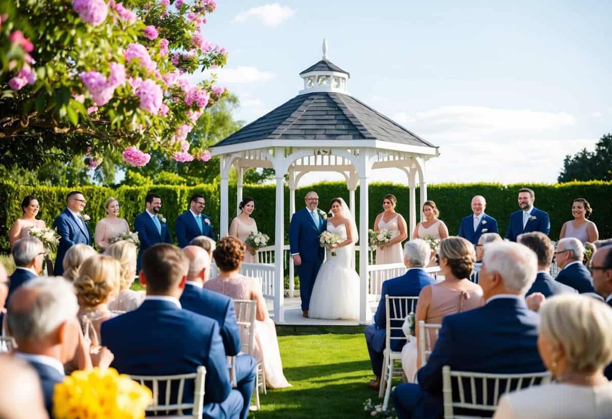 A sunny outdoor wedding with blooming flowers and a white gazebo, surrounded by smiling guests in elegant attire