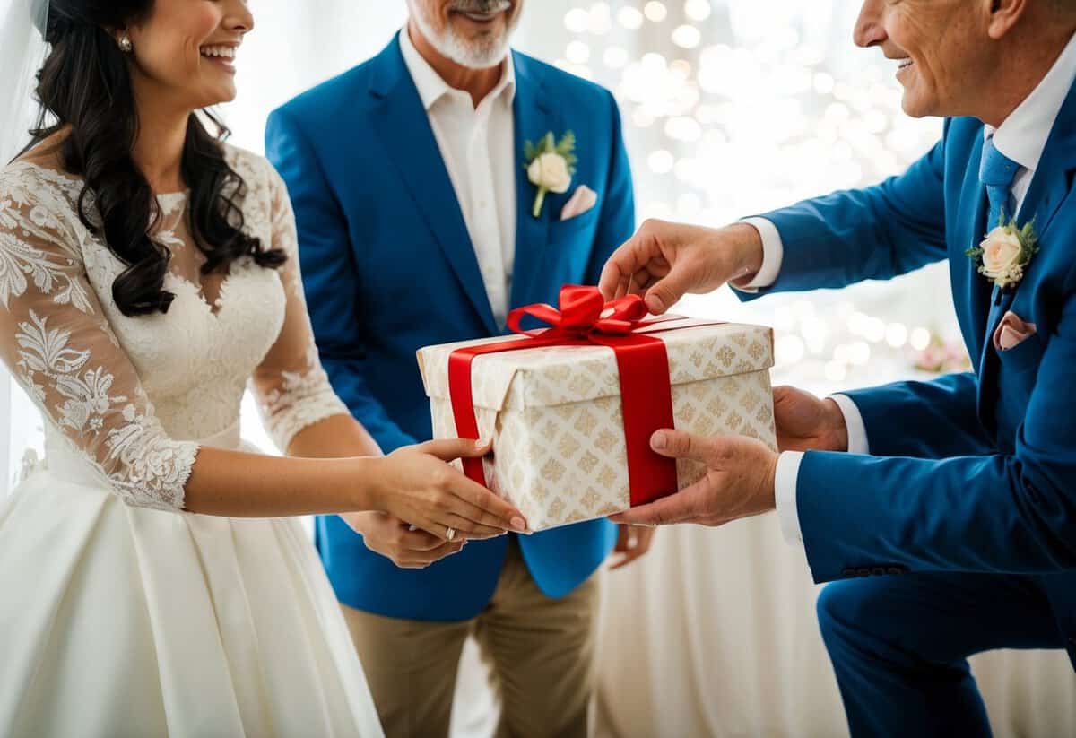 Parents presenting a beautifully wrapped gift to their daughter on her wedding day