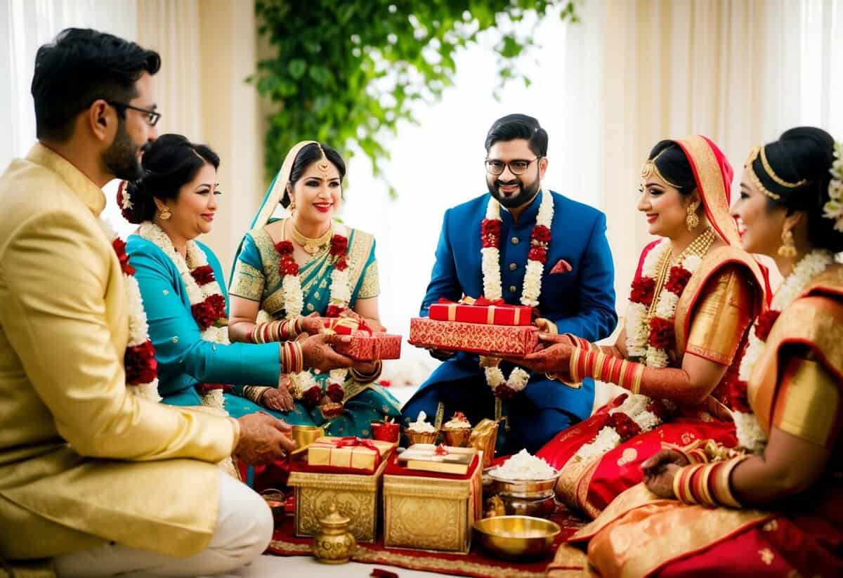 The groom's family presents traditional gifts and offerings to the bride's family, symbolizing their willingness to support and provide for their daughter