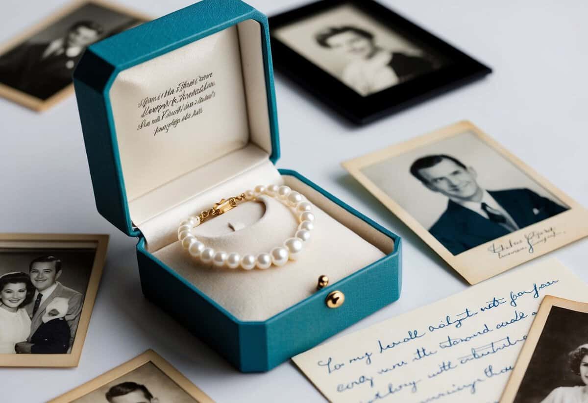 A delicate jewelry box with a pearl necklace inside, surrounded by vintage family photos and a handwritten note