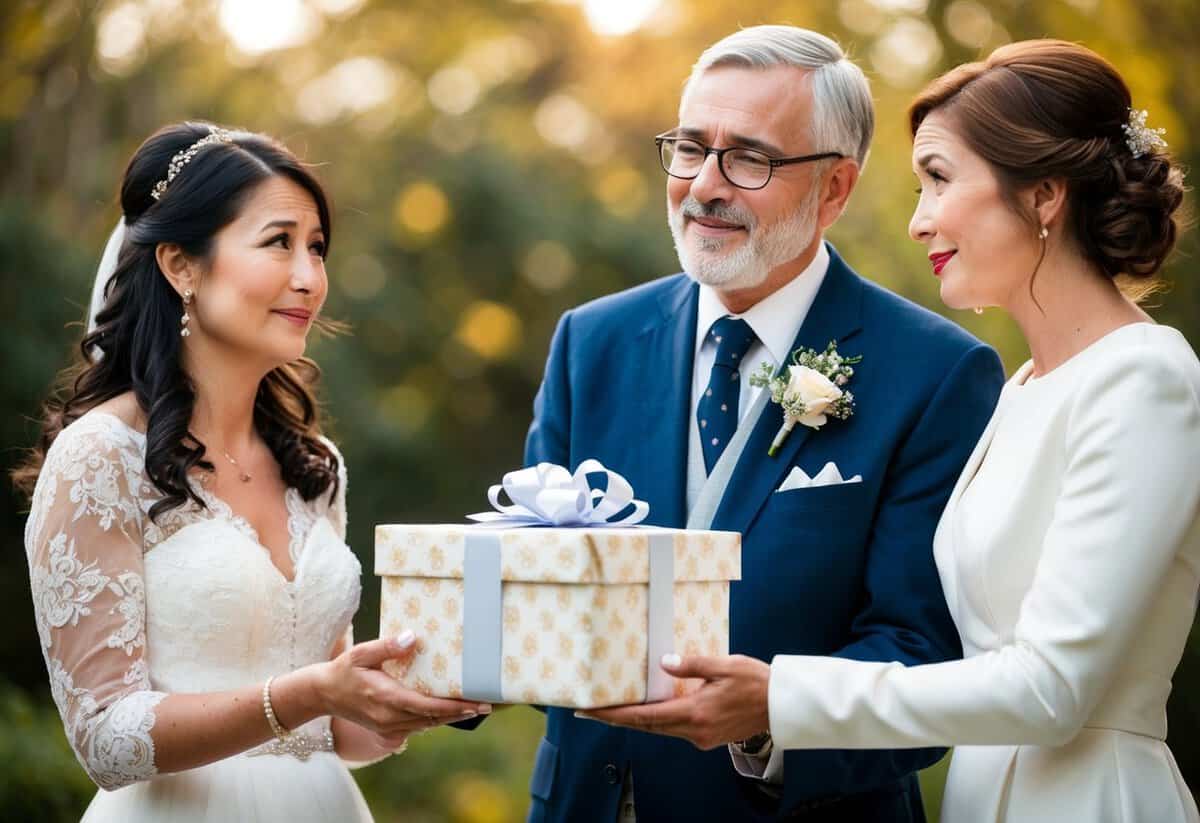 A mother and father stand together, presenting a beautifully wrapped gift to their daughter on her wedding day. The daughter looks on with tears of gratitude