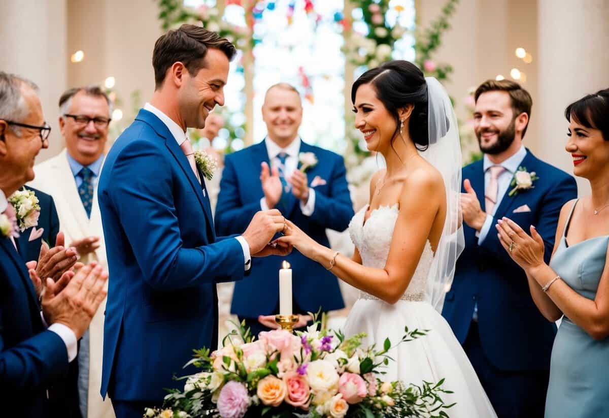 A bride and groom exchanging rings on a flower-filled altar, with guests smiling and clapping