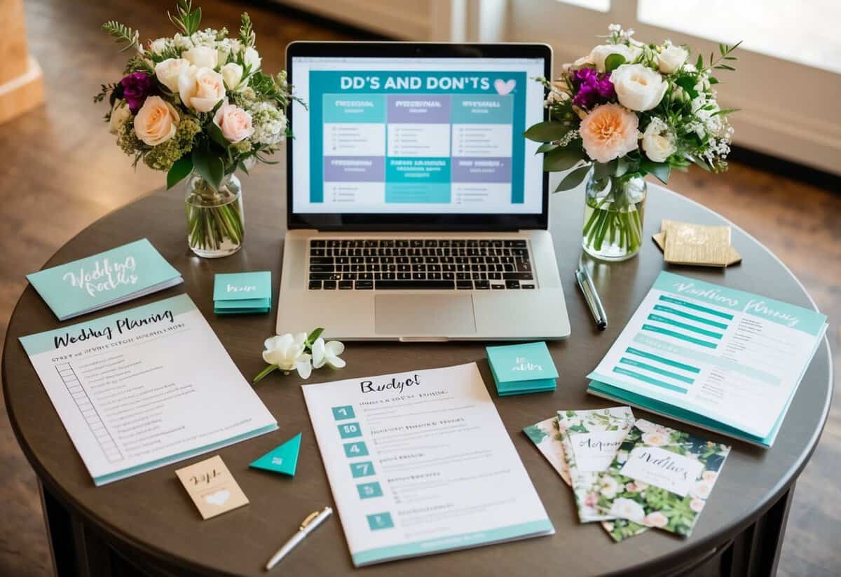 A table adorned with wedding planning essentials: checklist, calendar, budget sheet, floral samples, and venue brochures. A laptop displays do's and don'ts of weddings
