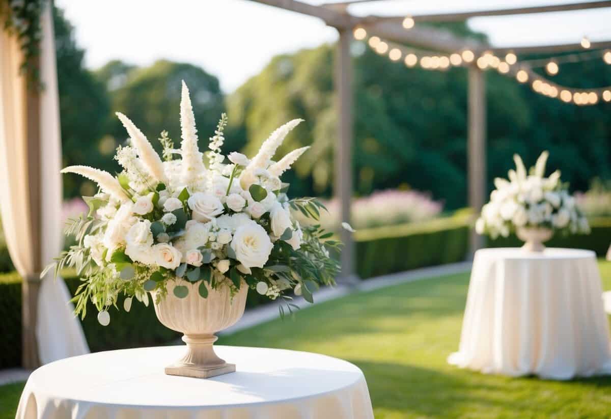 A serene outdoor wedding with elegant floral arrangements, soft lighting, and tasteful decor