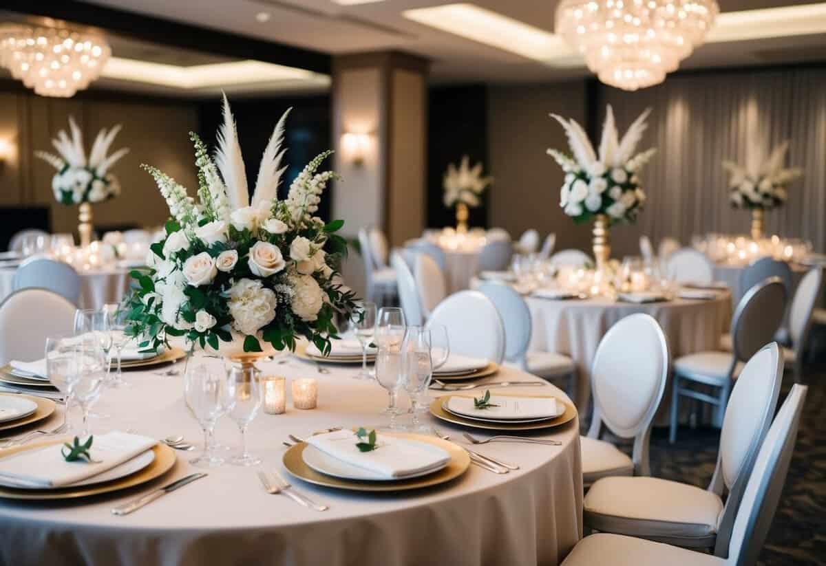 A tastefully decorated wedding venue with elegant floral arrangements, soft lighting, and sophisticated table settings