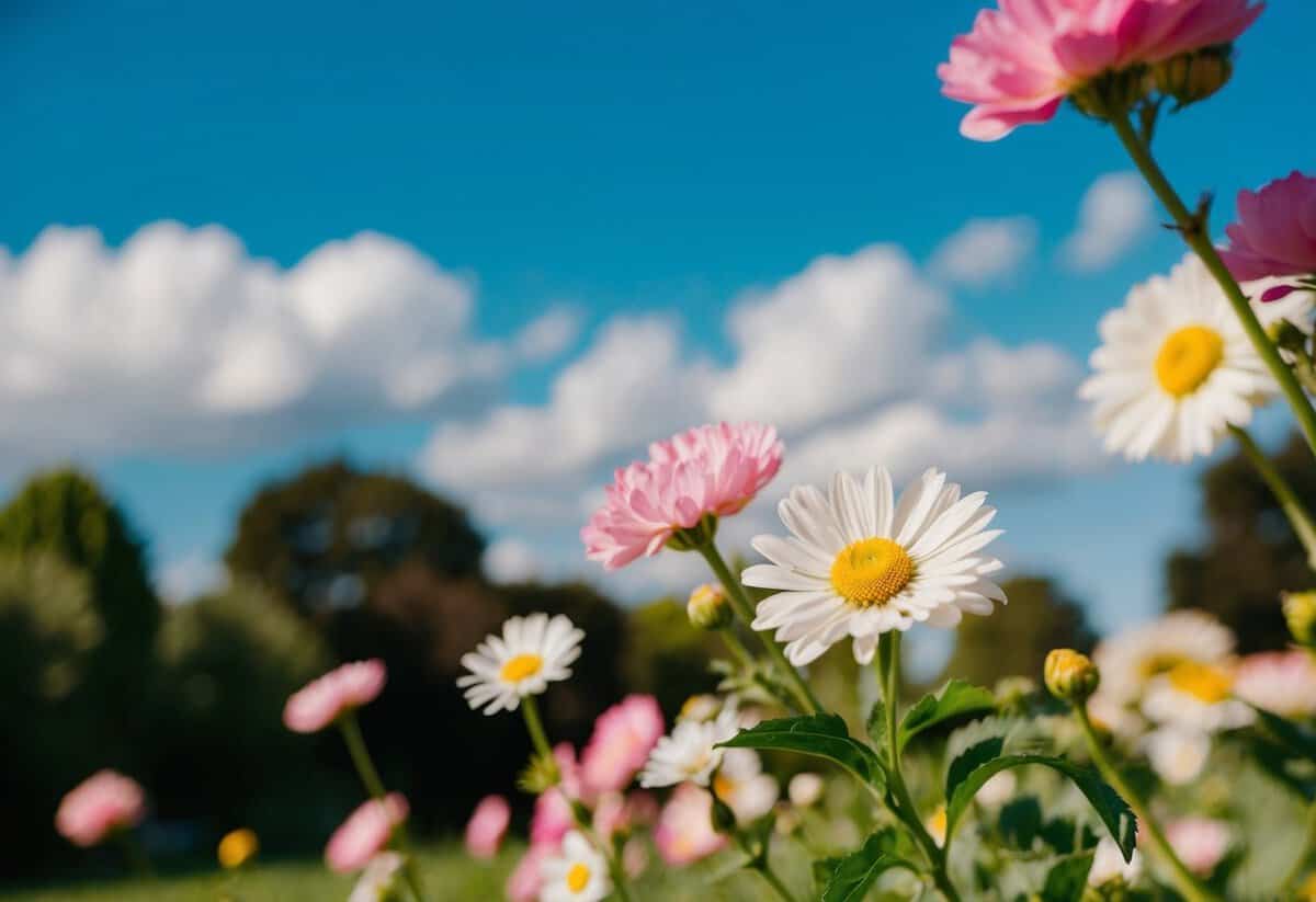 A sunny outdoor wedding in June with blooming flowers and a clear blue sky