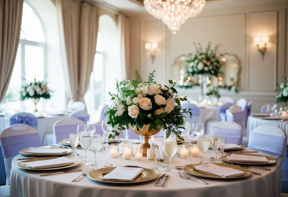 A beautifully decorated wedding venue with elegant, understated decor and thoughtful details to create a sophisticated and tasteful guest experience