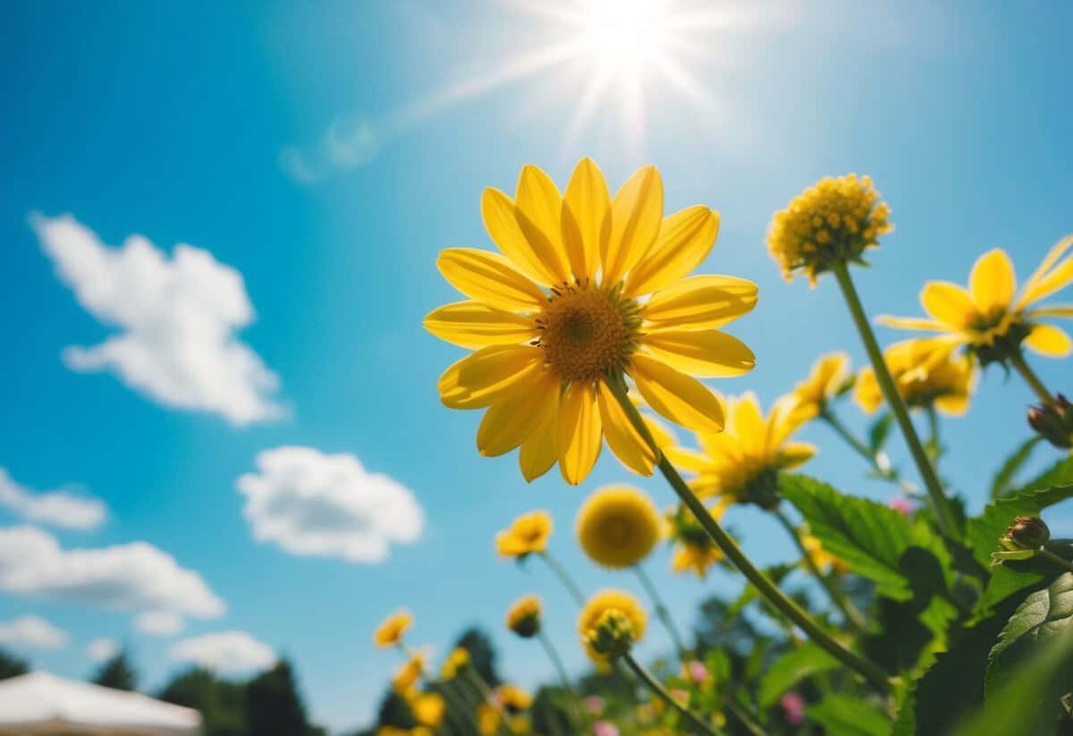 A sunny outdoor wedding in June, with blooming flowers and a blue sky