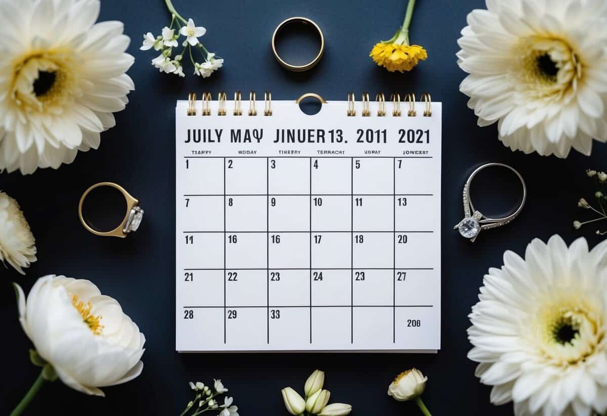 A calendar with different months highlighted, surrounded by wedding-related imagery like flowers, rings, and a bride and groom silhouette