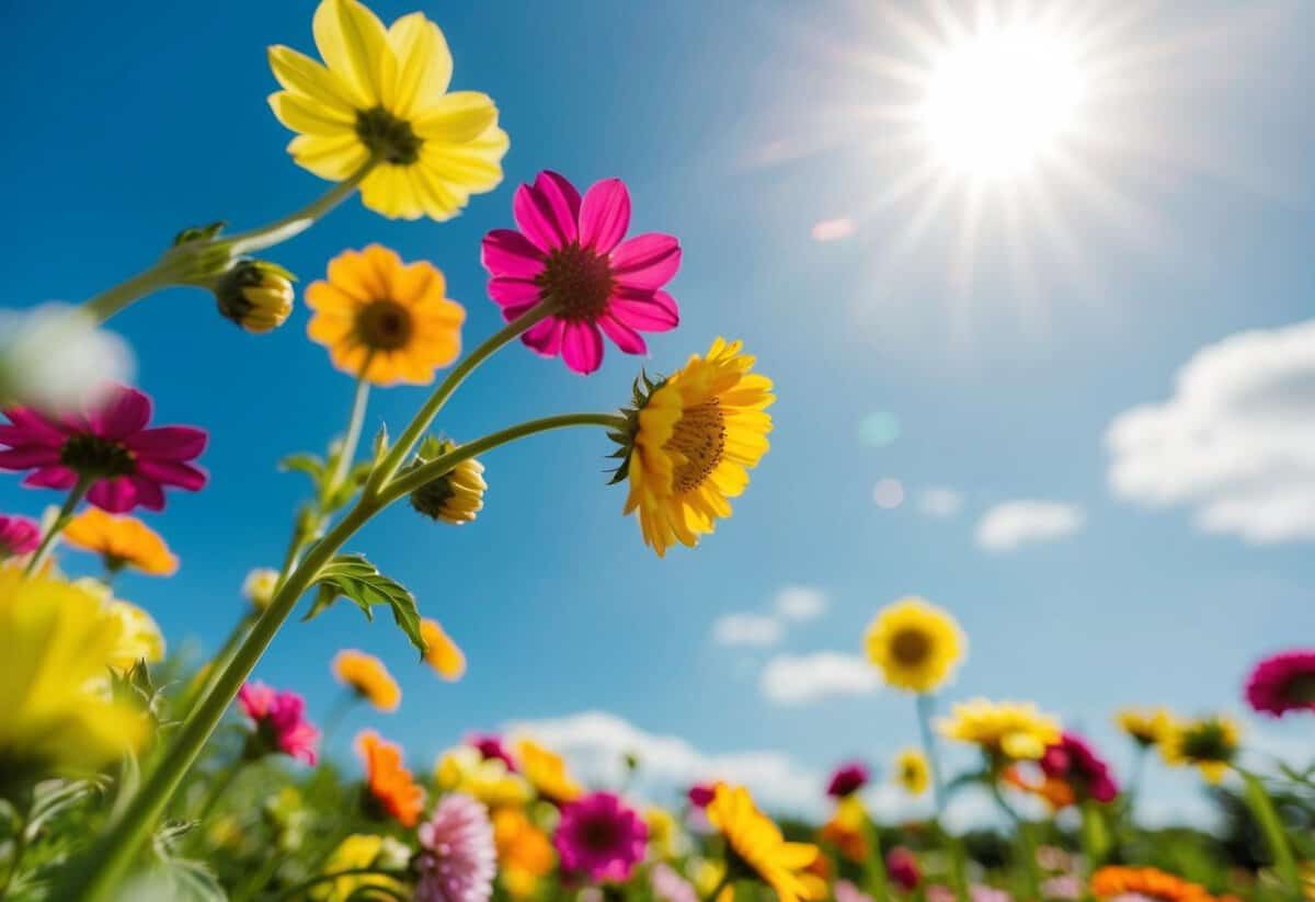 A colorful outdoor wedding in June with blooming flowers and a sunny sky