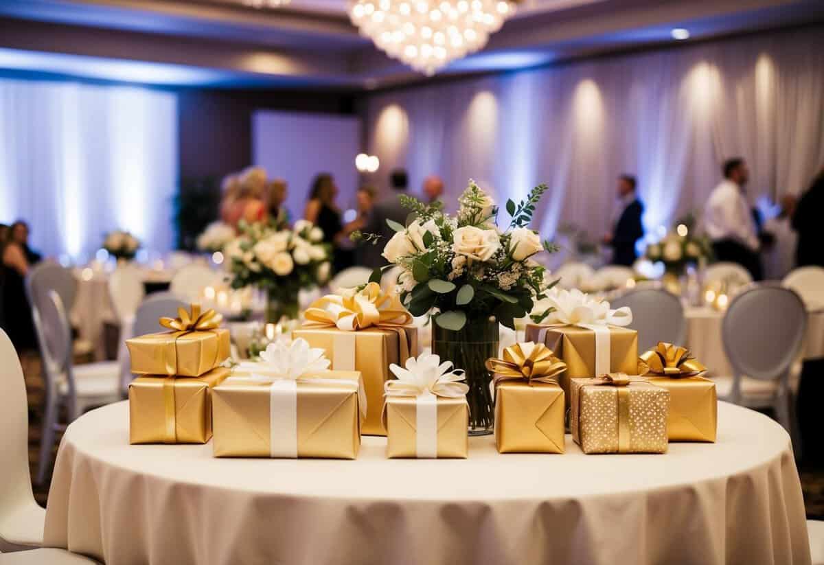 A table adorned with wrapped gifts and flowers awaits guests at a wedding reception