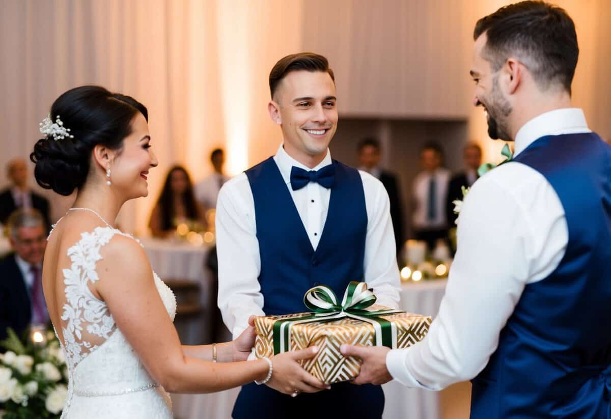 A person in formal attire presents a beautifully wrapped gift to the newlyweds at the wedding reception