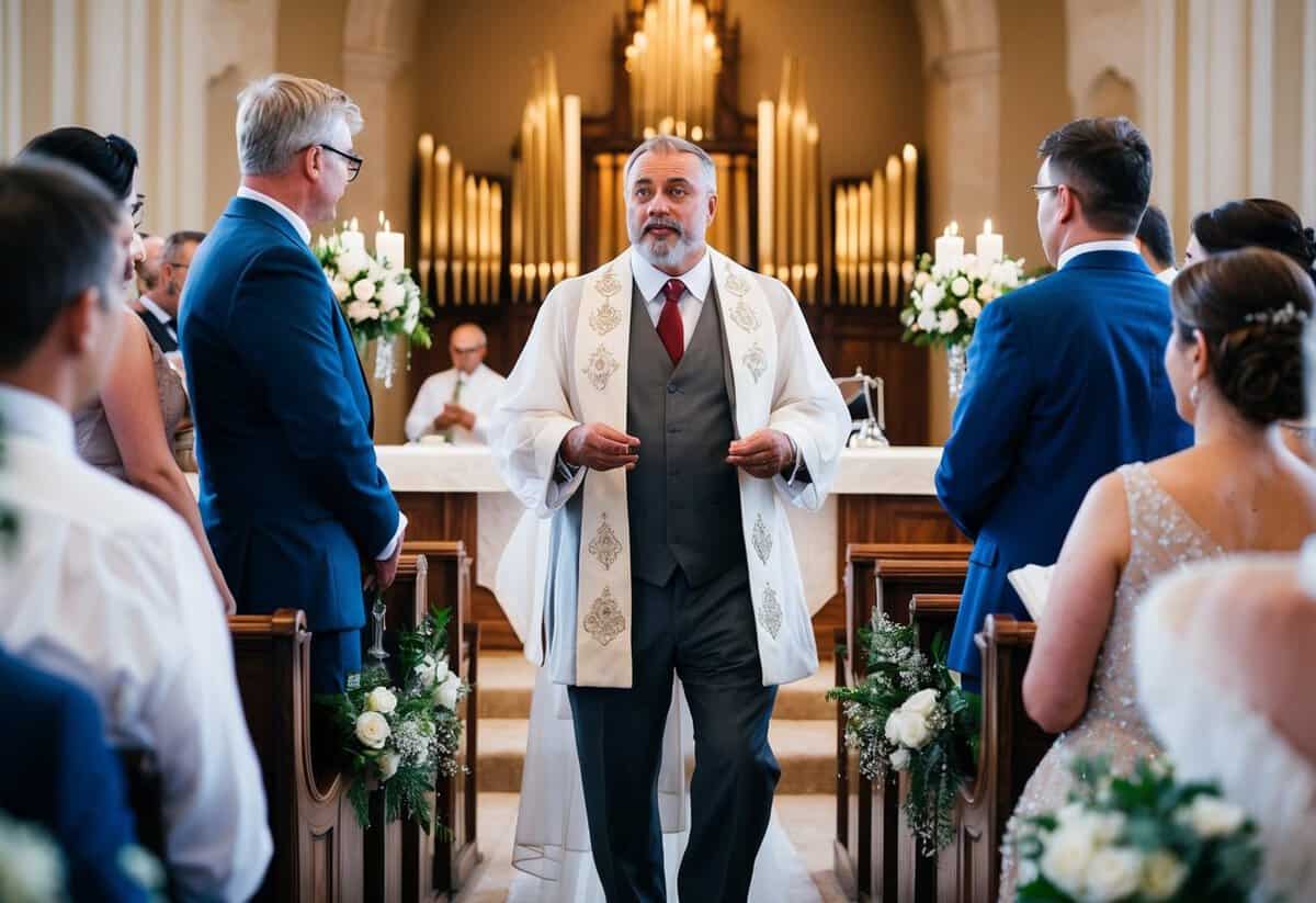 A man stands at the altar, overseeing the wedding preparations and ensuring everything is in place for his son's special day