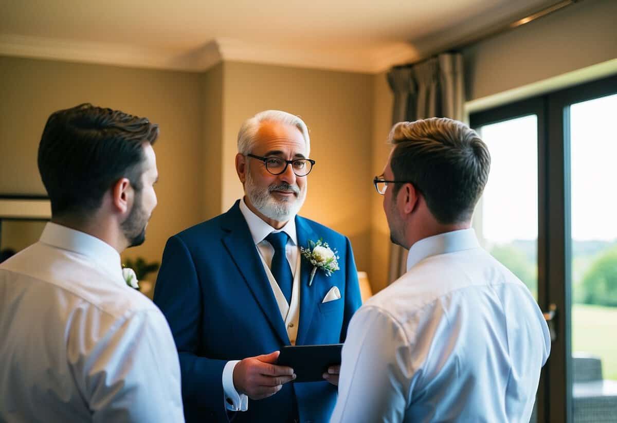 The father of the groom oversees the wedding preparations and offers support to his son