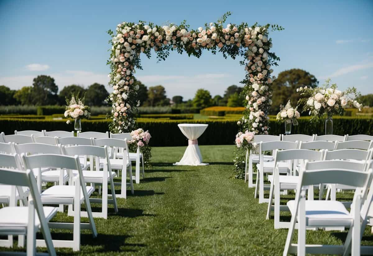 A sunny outdoor wedding ceremony with a floral arch and rows of white chairs set up on a green lawn