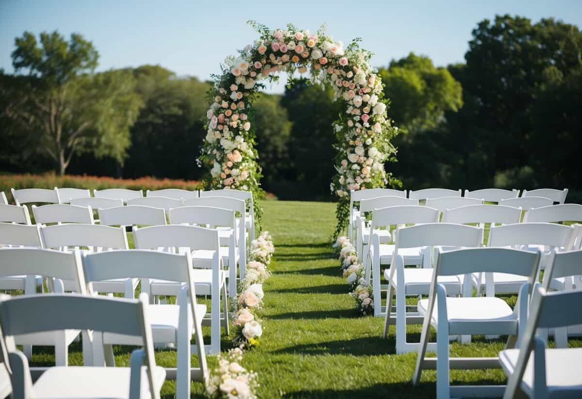 A sunny outdoor setting with a beautiful flower-filled archway and rows of white chairs set up for a wedding ceremony