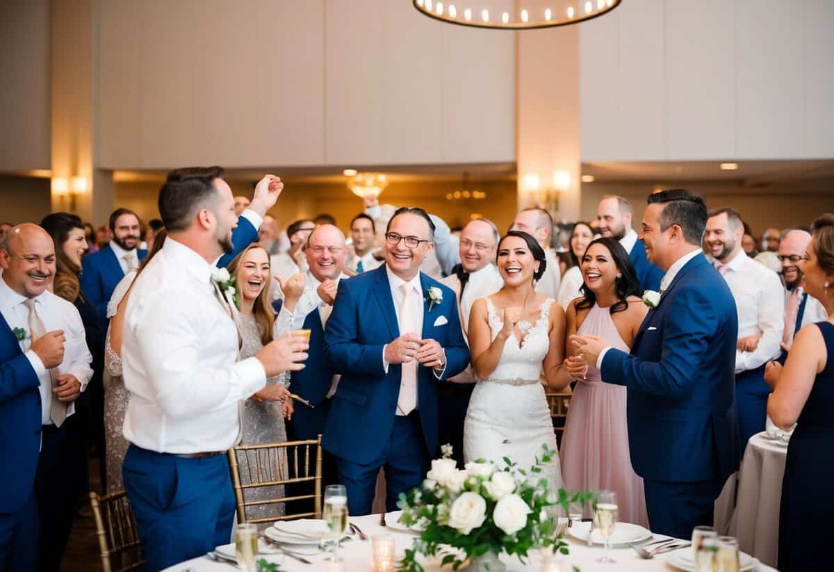 A joyful gathering of guests at a wedding reception, with the father of the groom participating in the celebration and fulfilling his duties