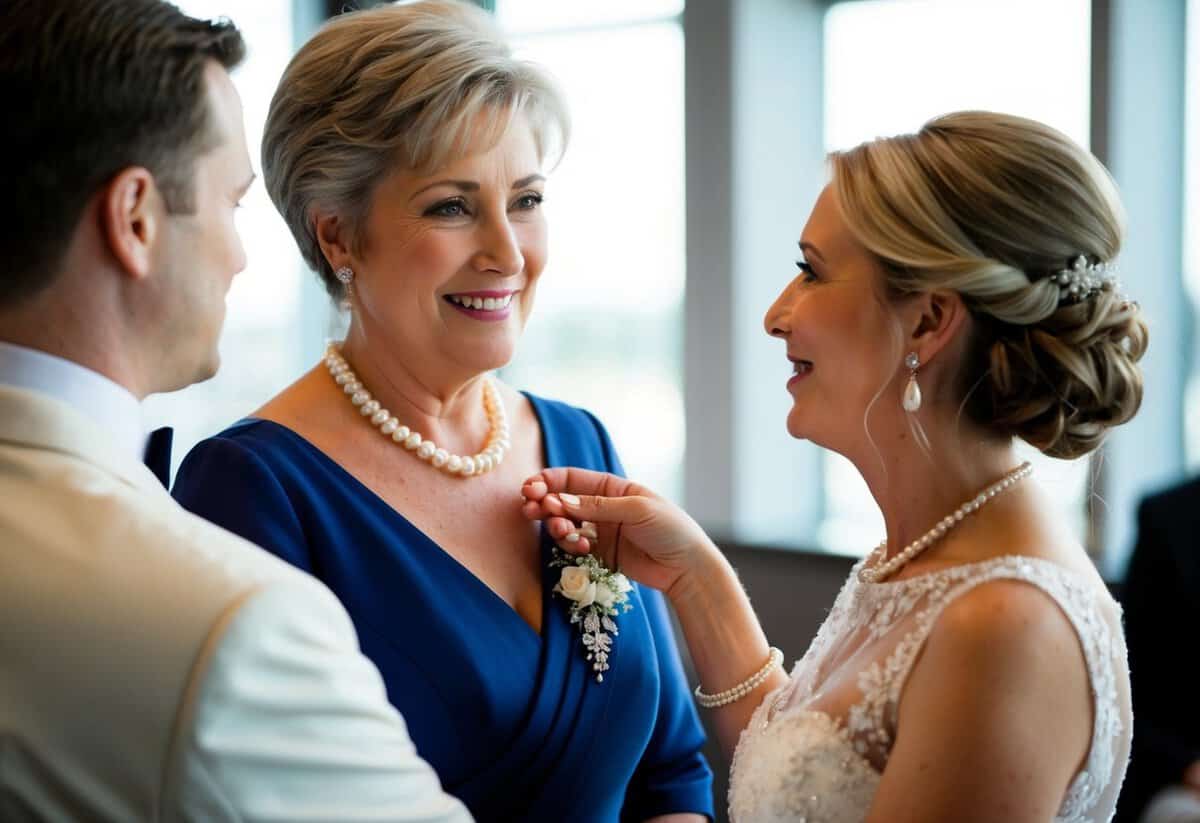 The mother of the groom presents a delicate pearl necklace to the bride