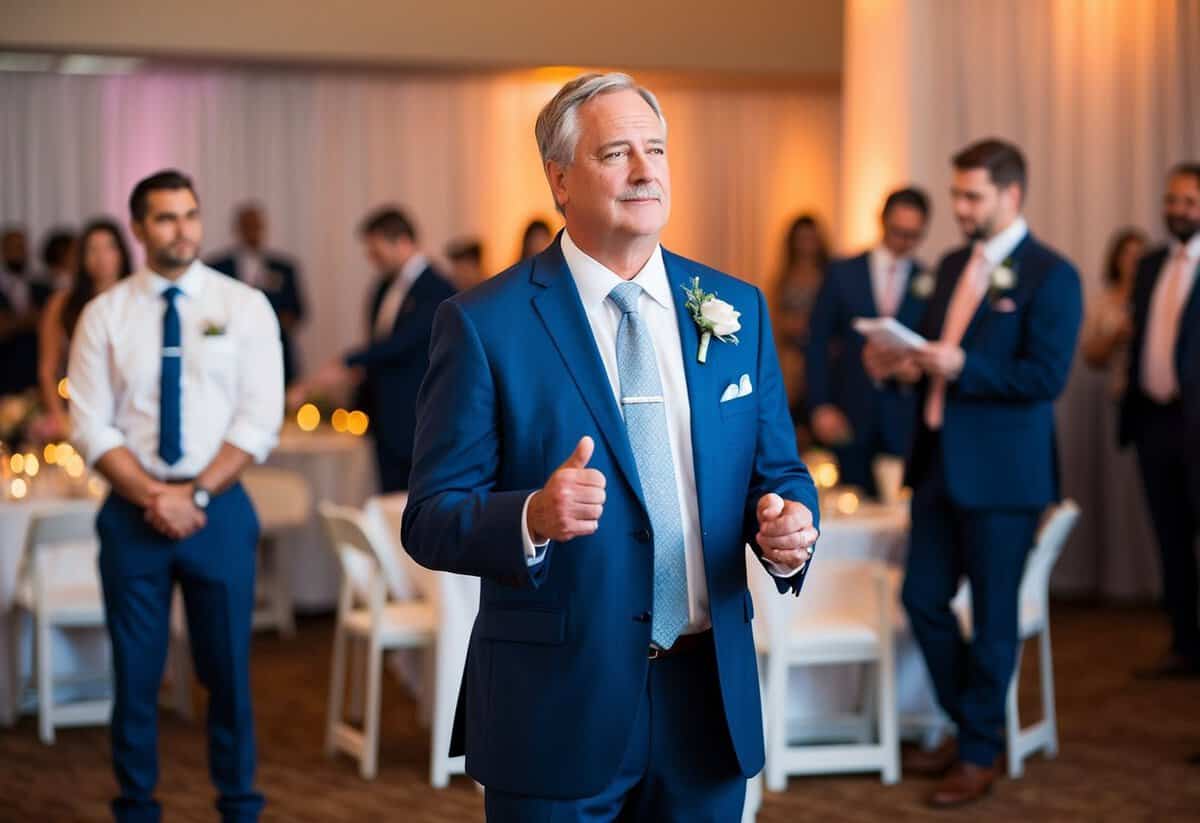 A father of the groom stands proudly, offering support and guidance, while overseeing the setup of the wedding reception venue
