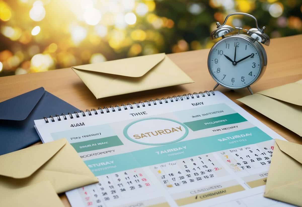 A calendar with a circle around Saturday, surrounded by envelopes and a clock showing the time for sending invitations