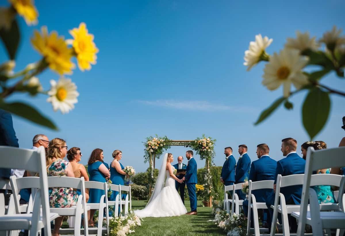 A sunny outdoor wedding ceremony in June with blooming flowers and a clear blue sky
