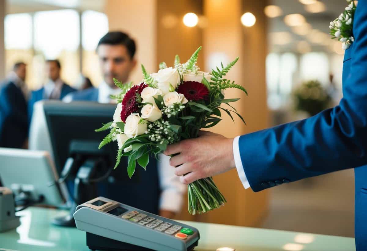 A groom's hand places a bundle of flowers on a payment counter