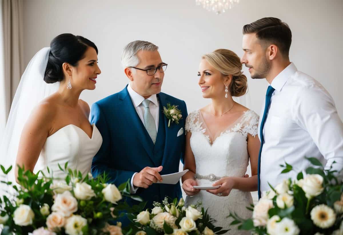 A bride and groom's families discussing floral arrangements and costs for the upcoming wedding