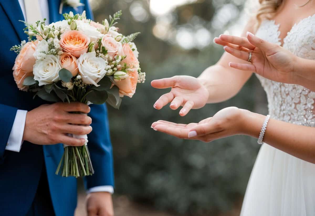 A groom's hand holding a bouquet of flowers, while a bride's hand reaches out to accept them
