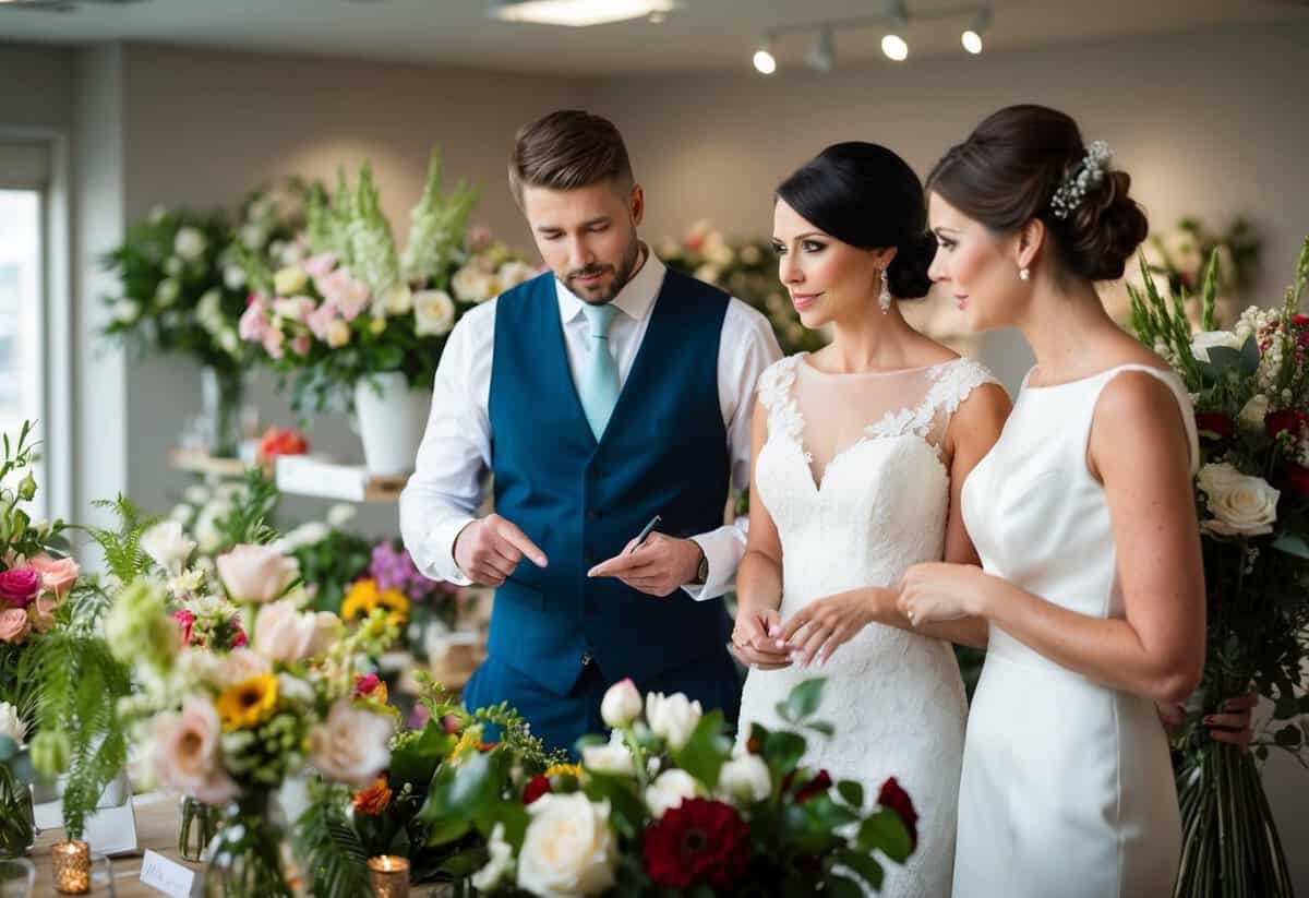 A bride and groom discuss floral arrangements with a florist, pointing to various flowers and arrangements. The florist takes notes and makes suggestions