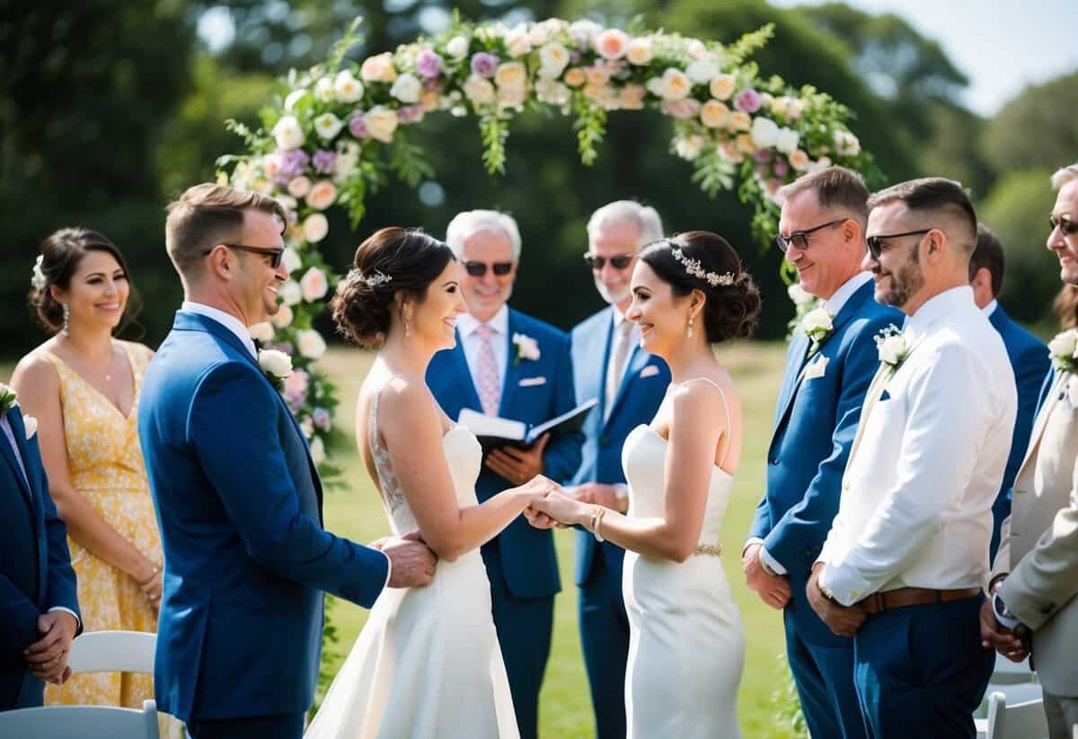 A sunny outdoor wedding in June, with a bride and groom exchanging vows under a floral arch, surrounded by family and friends