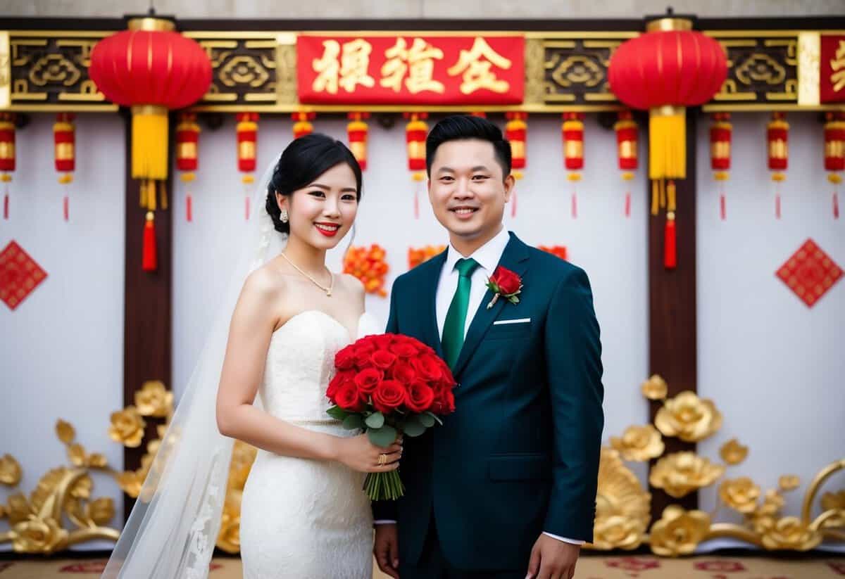 A bride holding a bouquet of red roses and a groom wearing a green tie stand in front of a traditional Chinese wedding backdrop adorned with gold and red decorations