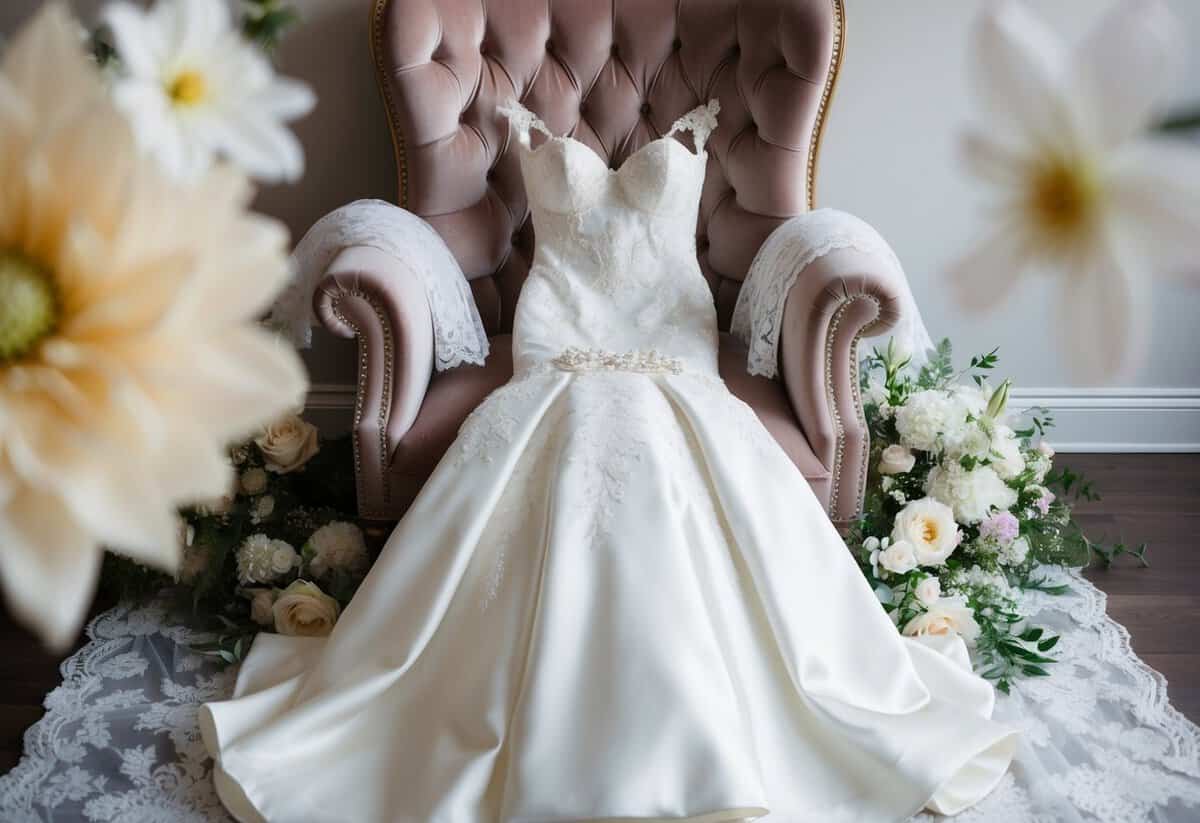 A wedding gown laid out on a plush chair, surrounded by delicate lace, pearls, and flowers