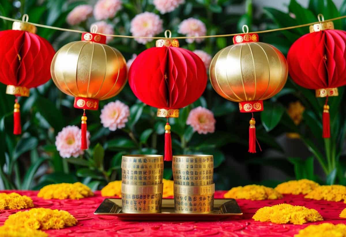 A vibrant scene with red and gold decor, symbolizing good luck and prosperity, set against a backdrop of lush greenery and blooming flowers