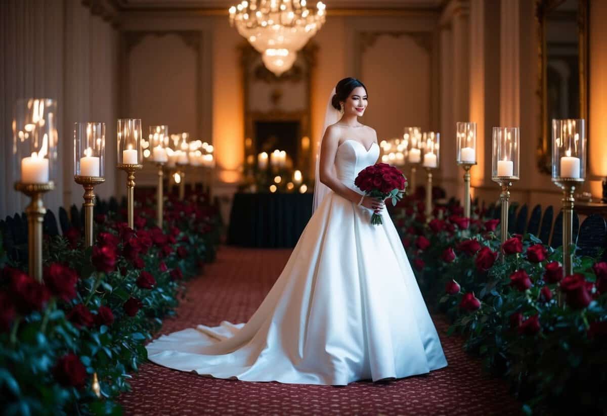 A bride in a black gown stands in a dimly lit, elegant ballroom adorned with deep red roses and flickering candlelight