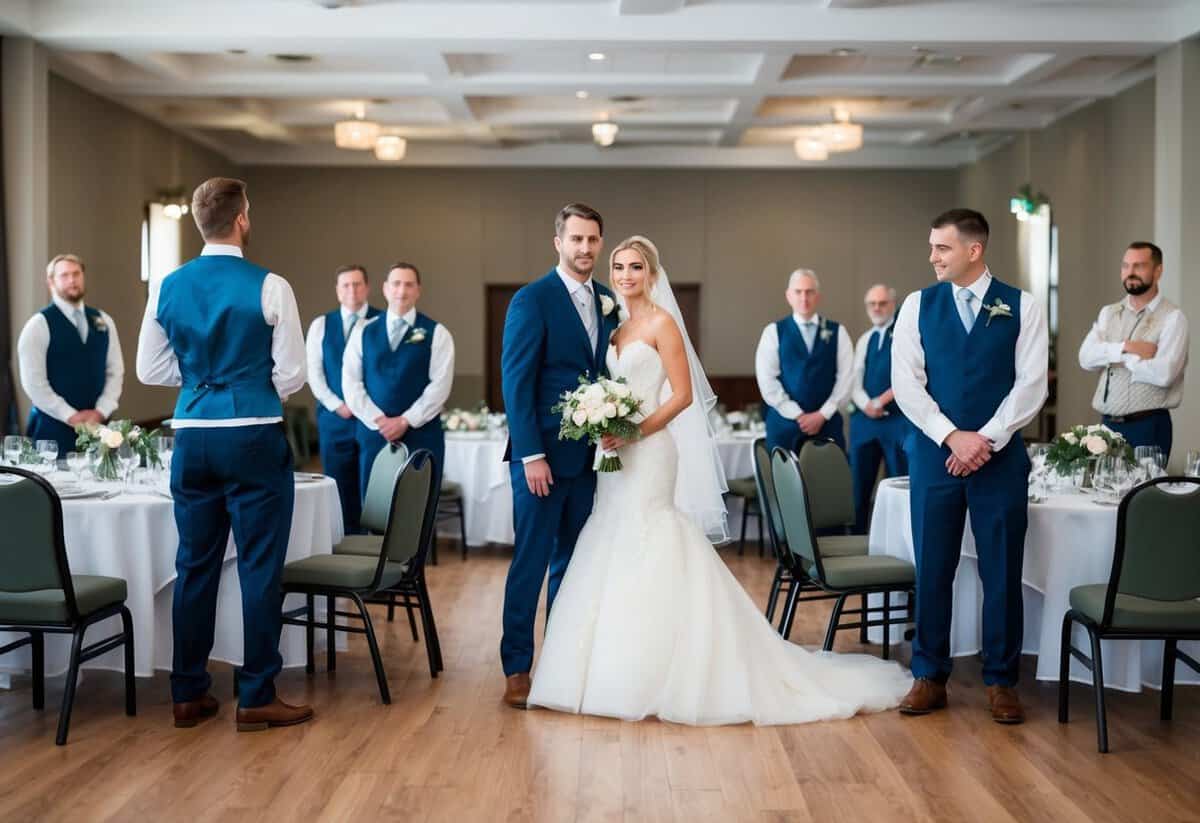 A bride and groom standing in front of an empty banquet hall, surrounded by disappointed guests. Tables and chairs are neatly arranged, but no food or decorations are present