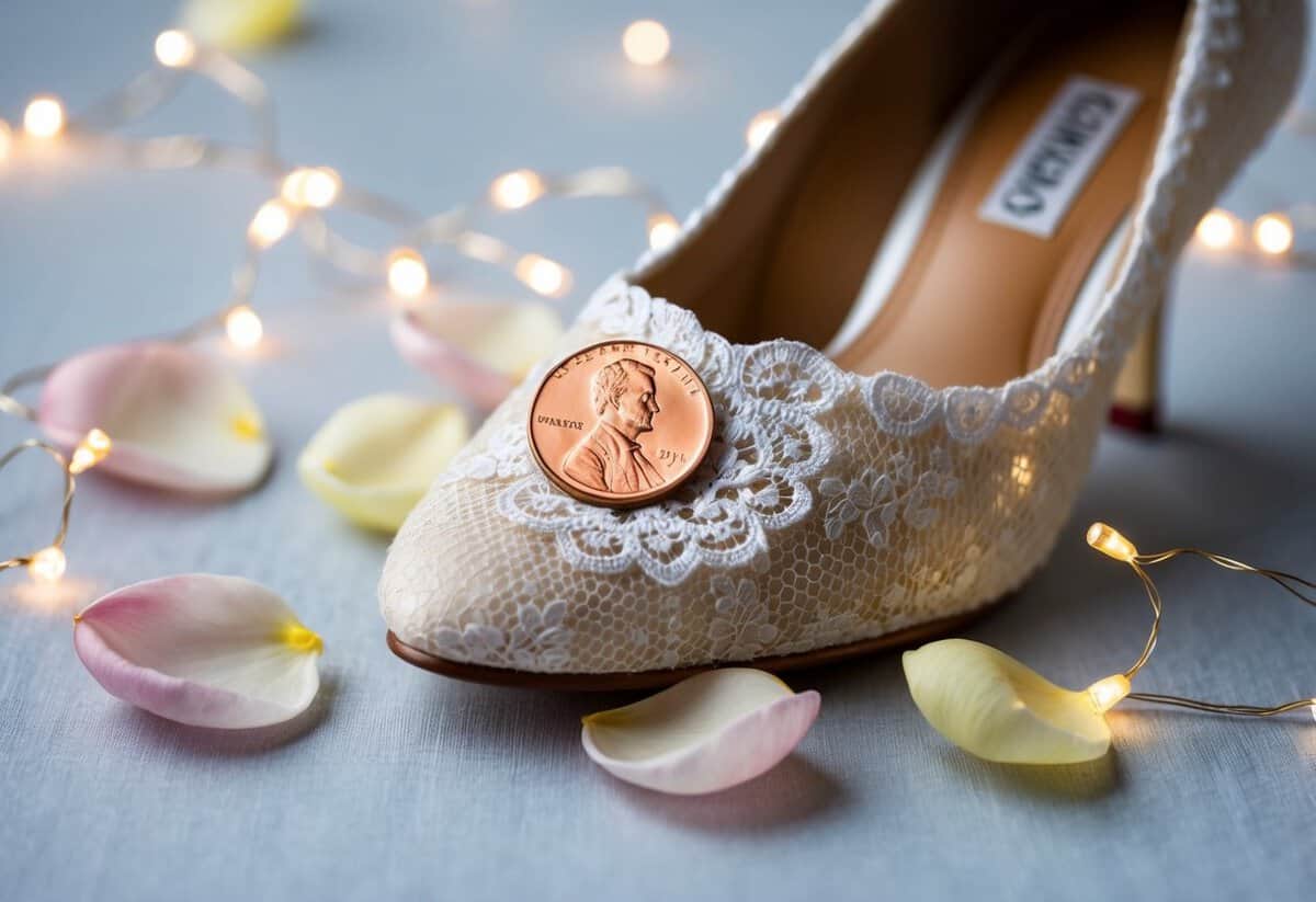 A shiny penny nestled in a delicate lace bridal shoe, surrounded by soft petals and twinkling fairy lights