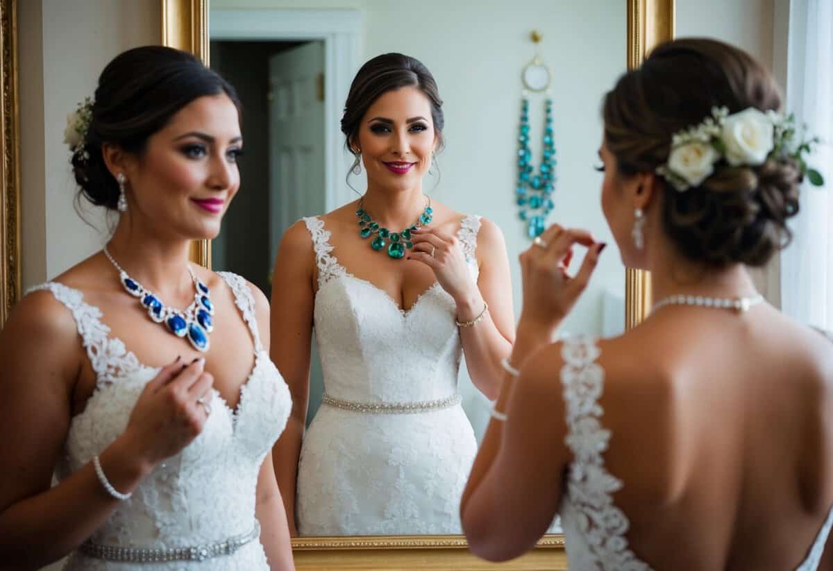 A bride stands in front of a mirror, trying on various colored pieces of jewelry, each reflecting a different aspect of her personality and the meaning behind her wedding day