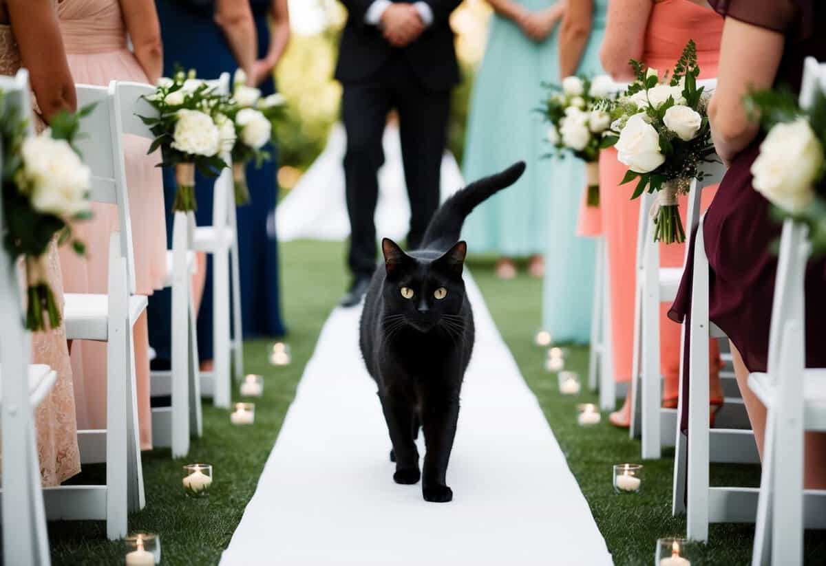 A black cat crossing a wedding aisle