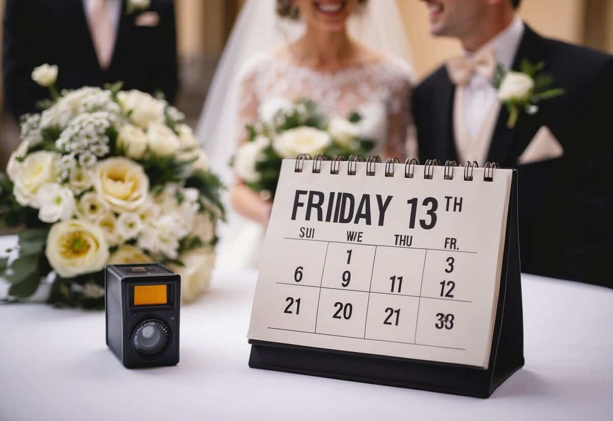 A wedding scene with a calendar showing Friday the 13th