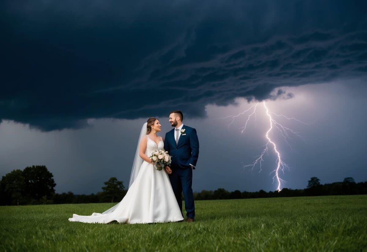 A bride and groom standing under a dark storm cloud with lightning striking in the background
